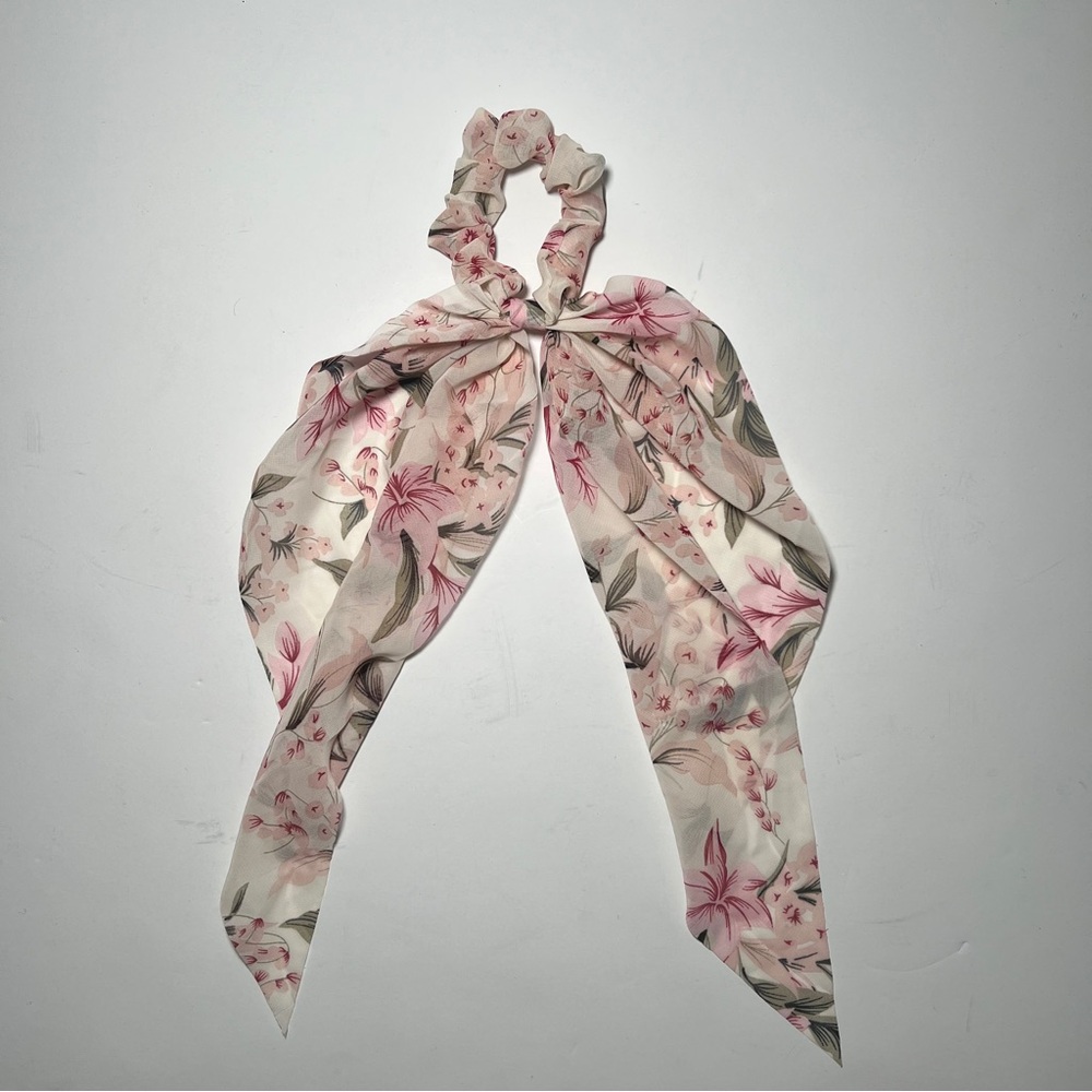 Pink floral scarf scrunchie